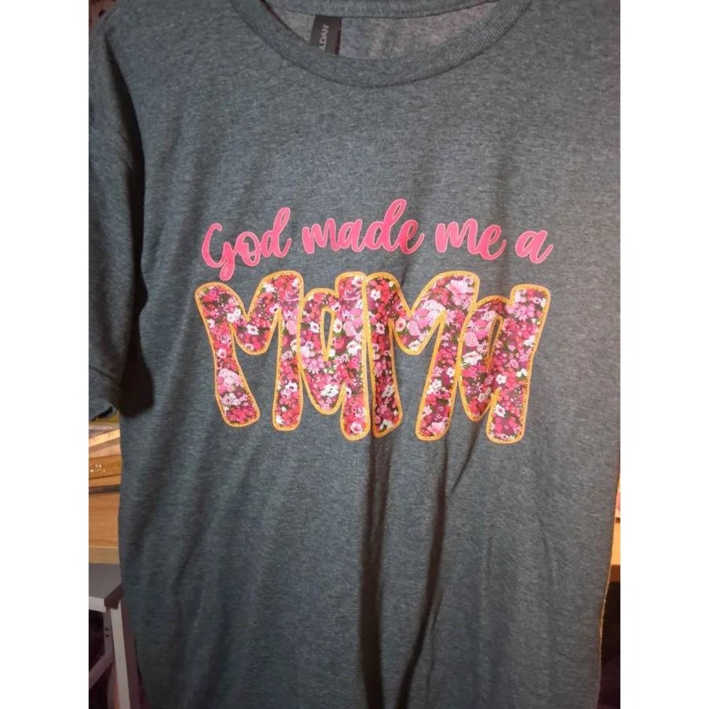 Gildan God Made Me A Mama T-Shirt Dark Heather Grey Floral Graphic Tee Large